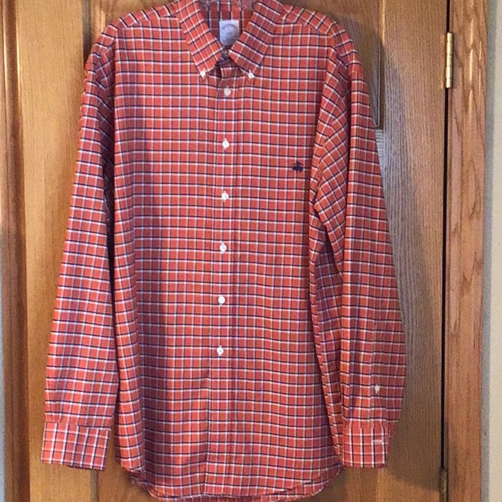Brooks Brothers 346 Button Down Shirt Size Large in Orange and Navy Check